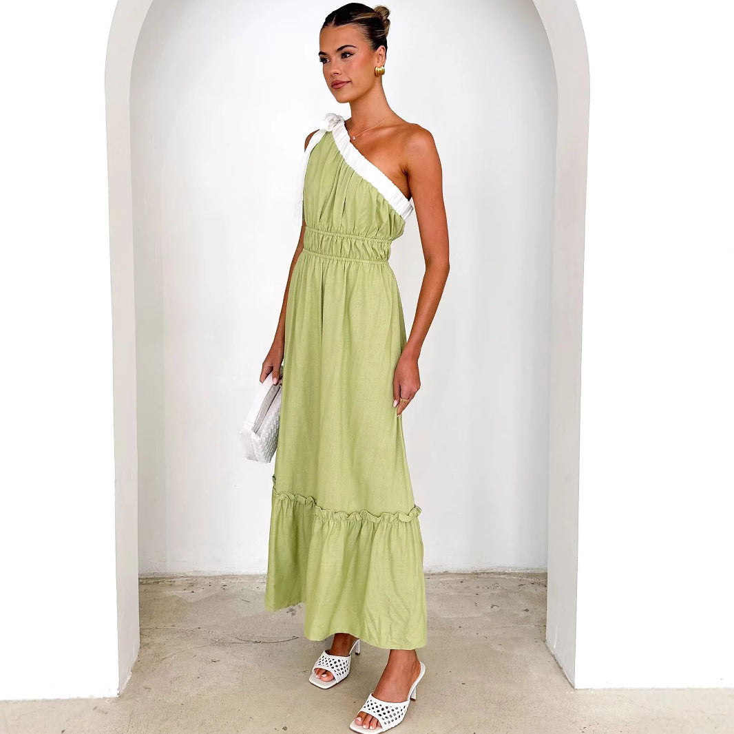 Women’s One-Shoulder Dress – Cotton Blend – A-Line Fit – Ruffle Hem – Midi Length