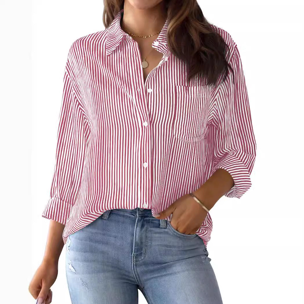 Women’s Button-Down Blouse - Cotton - Relaxed Fit - Classic Pinstripe