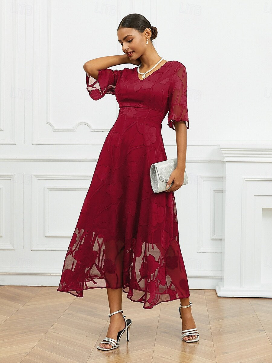 Women’s Maxi Dress – Lace Floral – V-Neck – Flutter Sleeve – Semi-Formal Fit