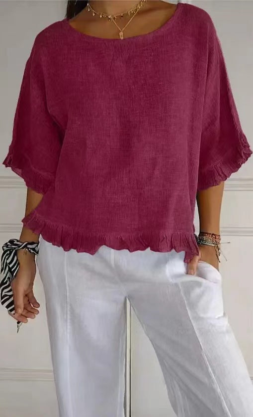 Women’s Blouse – Relaxed Fit Cotton Linen – Ruffle Hem – Short Sleeve – Round Neck