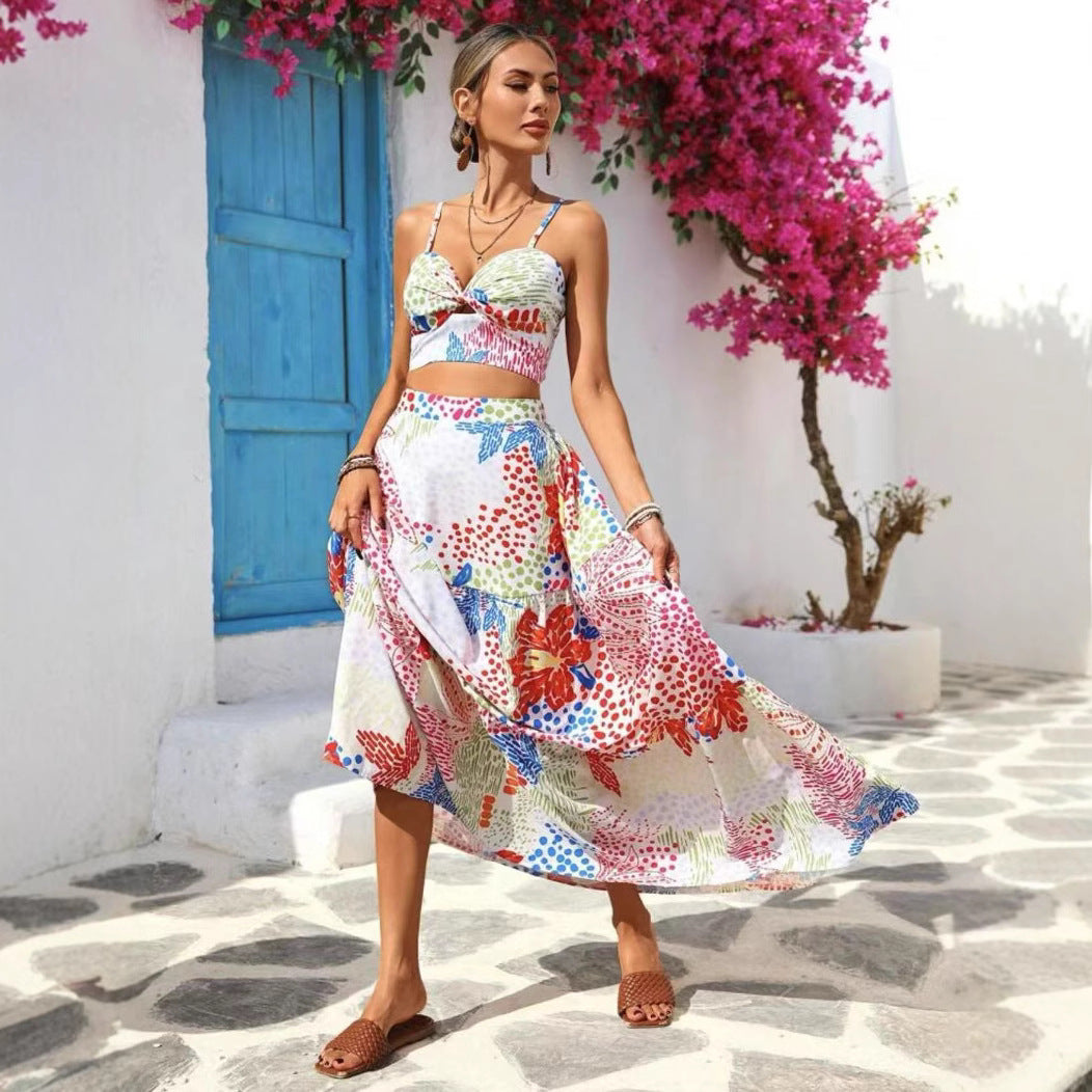 Women’s Two-Piece Set – Sleeveless Crop Top – Tiered A-Line Skirt – Breathable Fabric