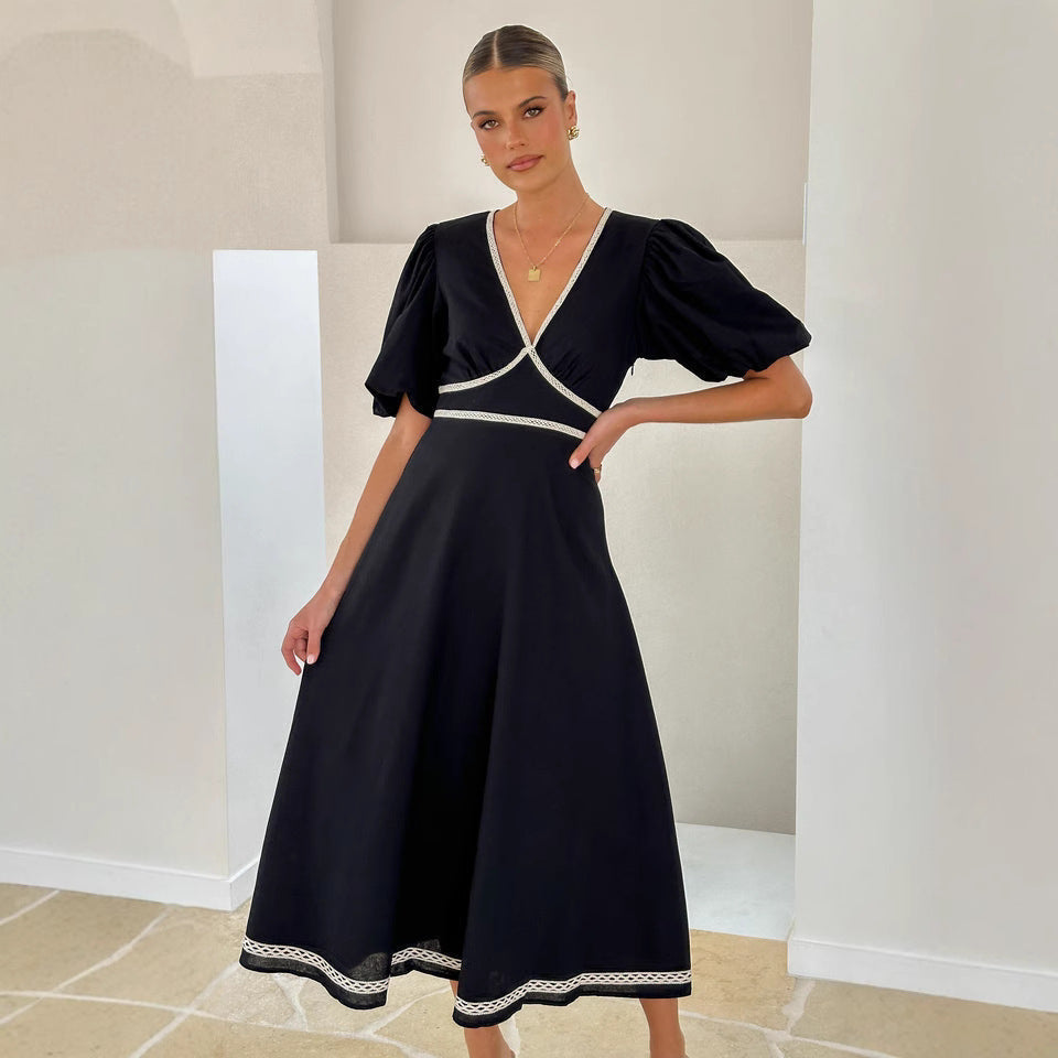 Women’s Long Dress – V-Neck – Fitted Waist – Lace Trim – Puff Sleeve – Flowy Skirt