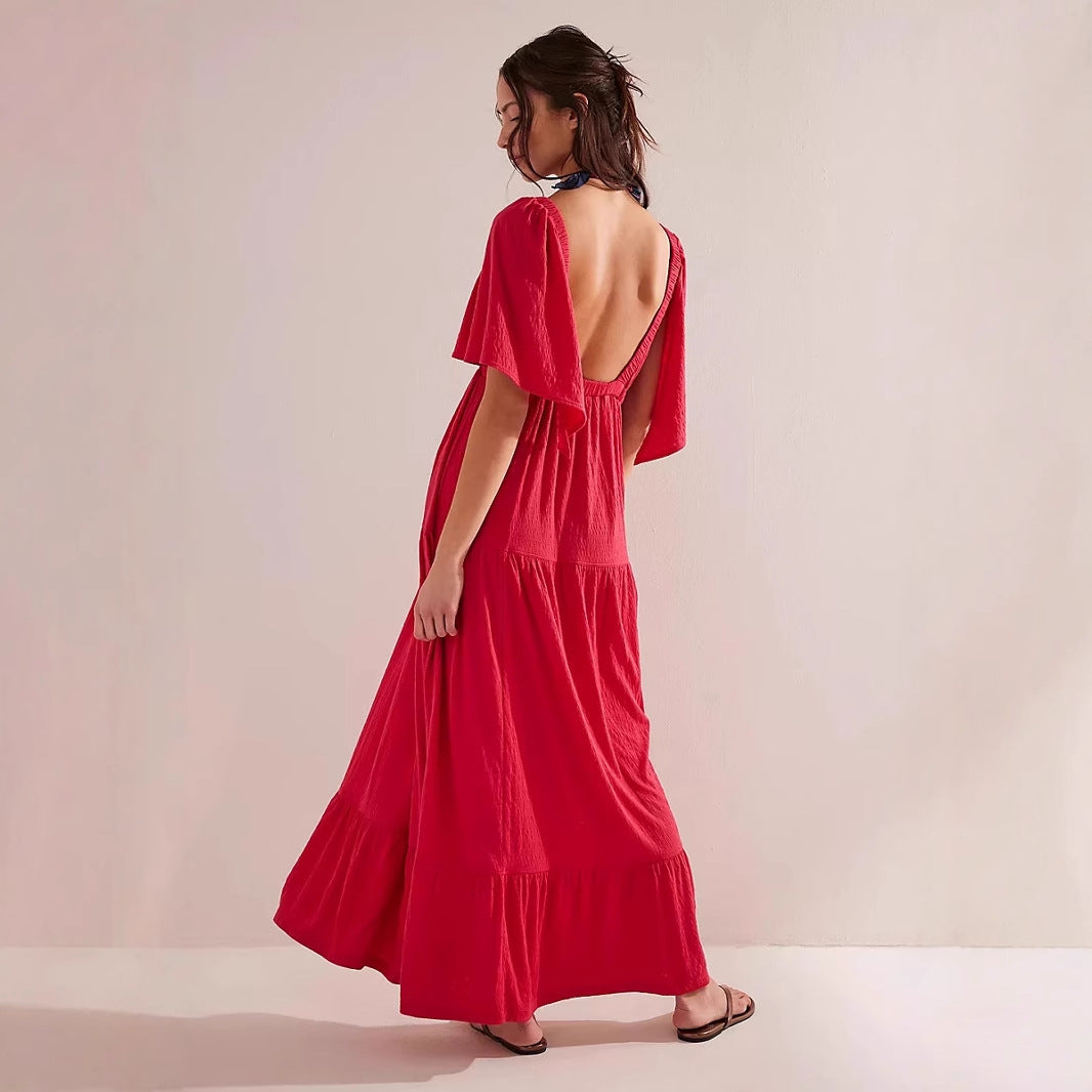 Women’s Maxi Dress – Lightweight Flowy Fit – V-Neck – Open Back – Tiered with Slit