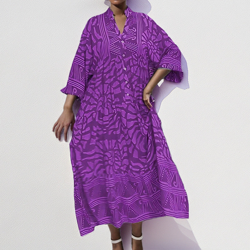 Women’s Midi Dress – Relaxed Fit – Cotton – Abstract Print – 3/4 Sleeve – Button Front