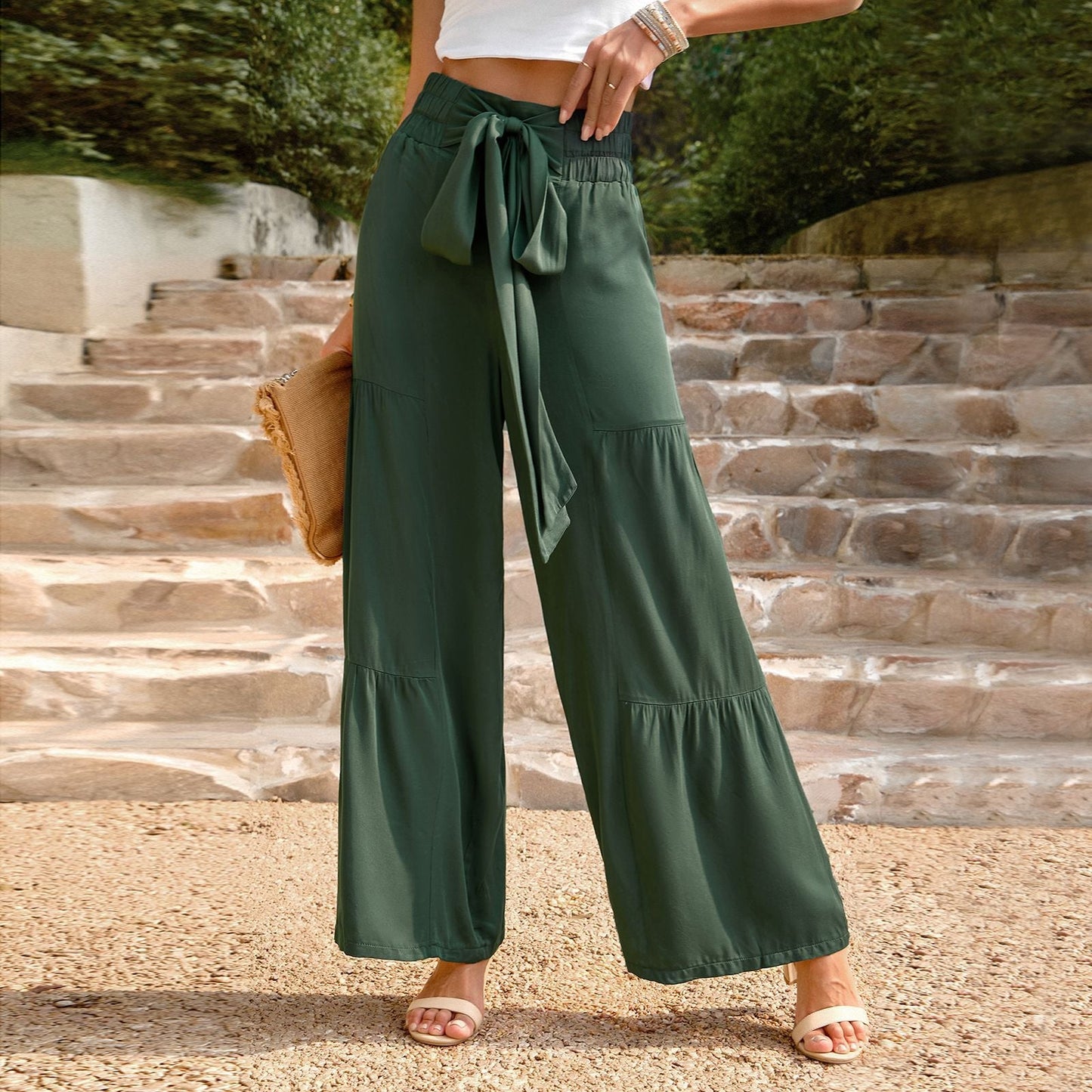 Women’s Wide-Leg Pants – High Waist – Tie Front – Tiered Cotton – Full Length
