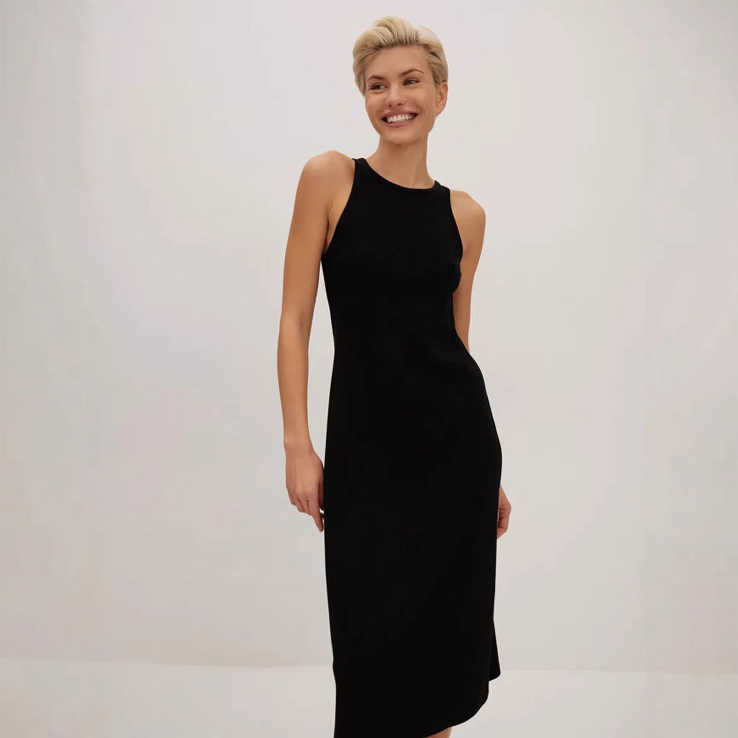 Women’s Midi Dress – Slim Fit – High Neck – Sleeveless – Minimalist Formal Style