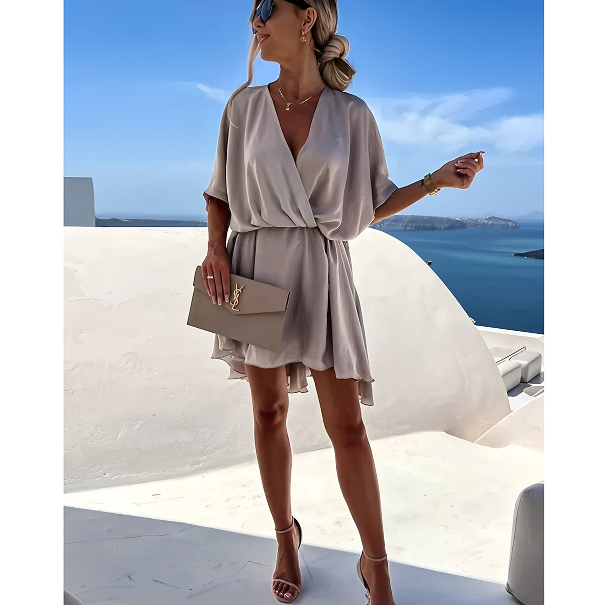 Women’s Dress – Relaxed Fit – Batwing Sleeves – V-Neck – Asymmetrical Hem – Knot Front