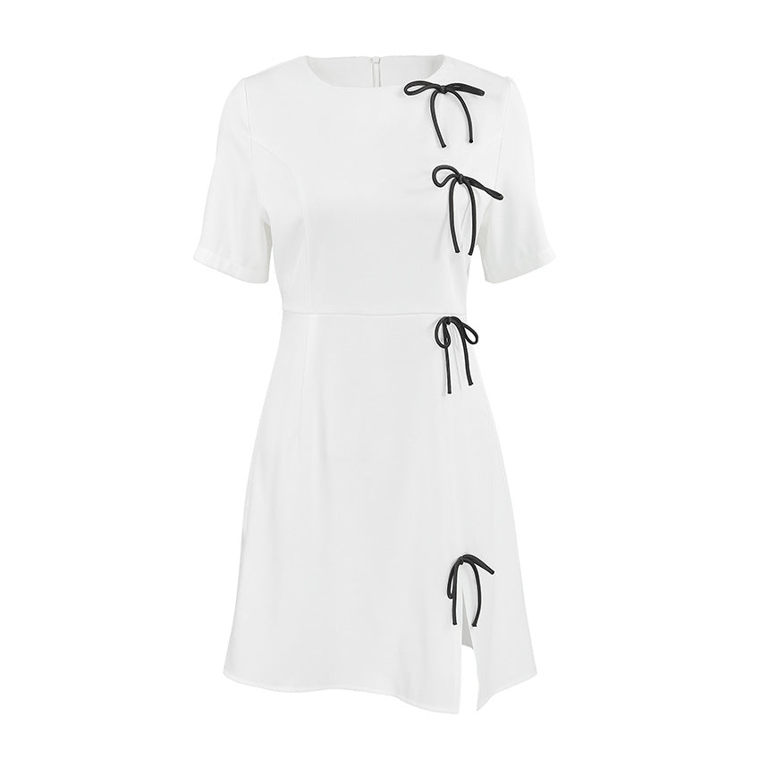 Women’s A-Line Dress – Mini Length – Short Sleeve – Bow Detail – Elegant Fit