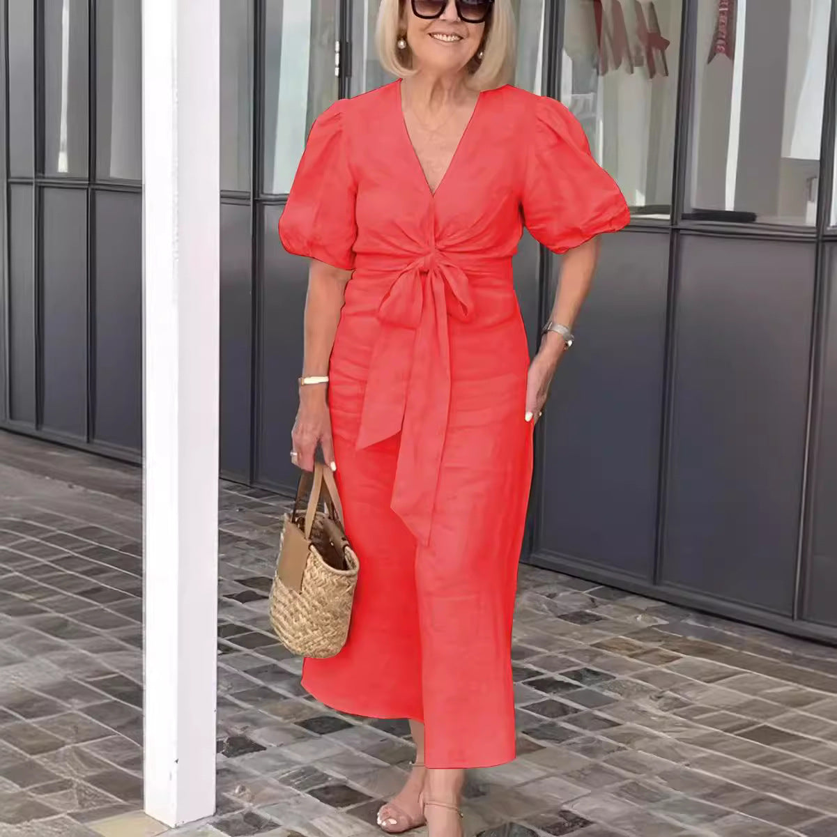 Women’s Midi Dress – V-Neck – Tie-Front Waist – Puff Sleeve – Natural Fibers – Relaxed Fit