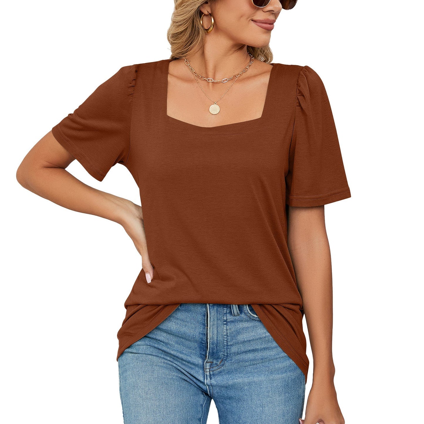 Women’s T-Shirt – Square Neck – Puff Sleeves – Soft Knit – Relaxed Fit Casual Wear