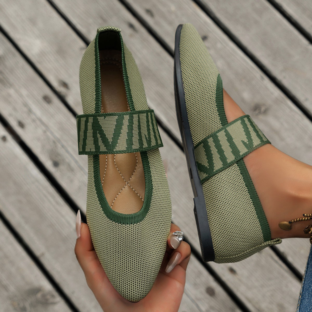 Women’s Loafers – Pointed Toe – Flat Sole – Breathable Knit – Woven Strap Detail