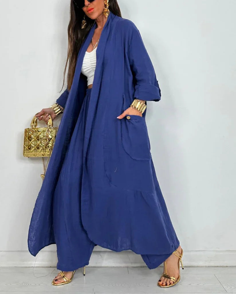 Women’s Two-Piece Set - Long Jacket - Relaxed Fit - Full Length - Wide-Leg Pants - With Pockets