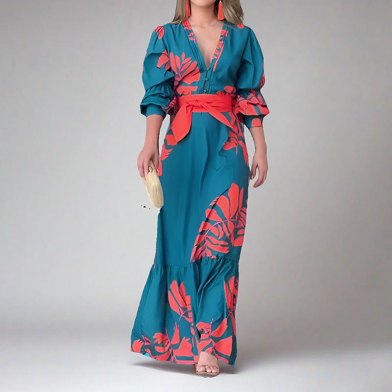 Women’s Maxi Dress – Bold Print – V-Neck – Puff Sleeve – Belted Waist – Flowy Fit