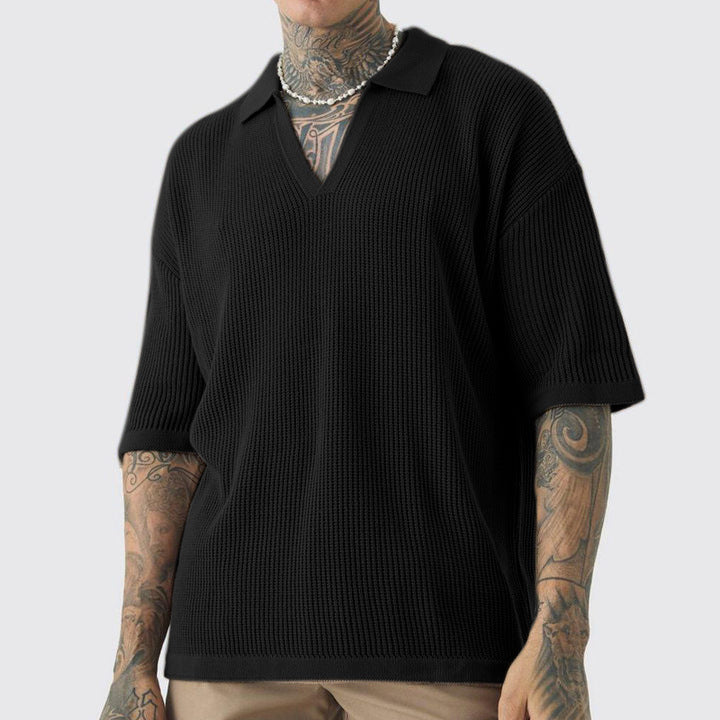 Men’s Short Sleeve Shirt – Relaxed Fit – Soft Knit – V-Neck Collar – Casual Wear
