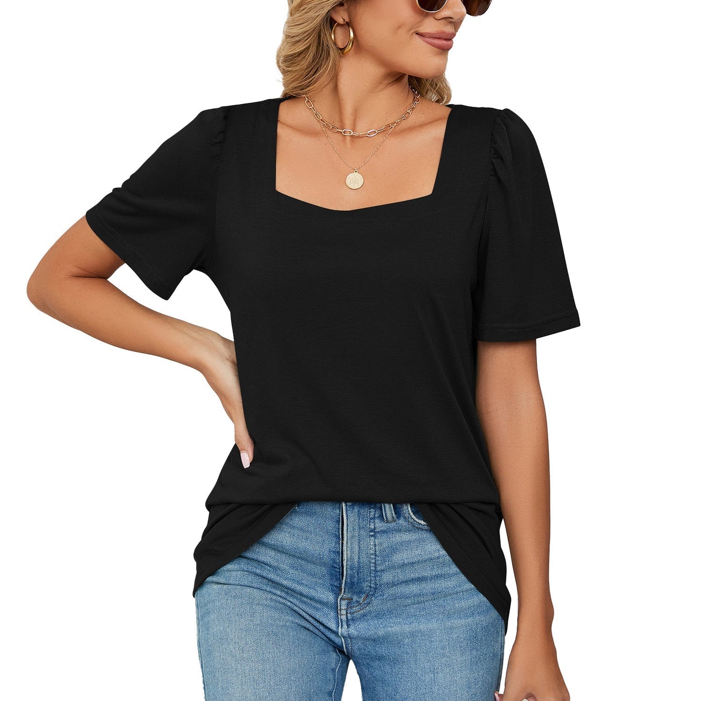 Women’s T-Shirt – Square Neck – Puff Sleeves – Soft Knit – Relaxed Fit Casual Wear