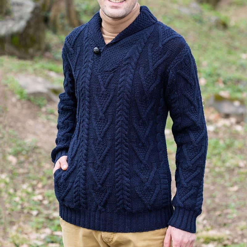 Men’s Pullover Sweater – Soft Knit – Relaxed Fit – Shawl Collar with Button Closure