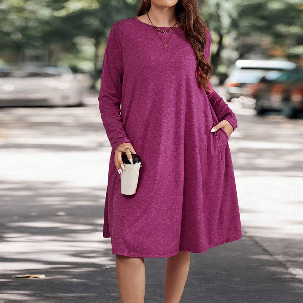 Women’s Long Sleeve Dress – Relaxed Fit – Knit Fabric – Midi Length with Pockets