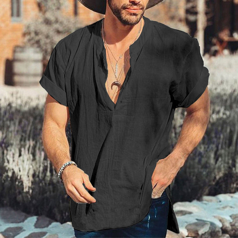Men’s Short Sleeve Shirt – Relaxed Fit – V-Neck – Natural Fibers – Breathable Casual Wear