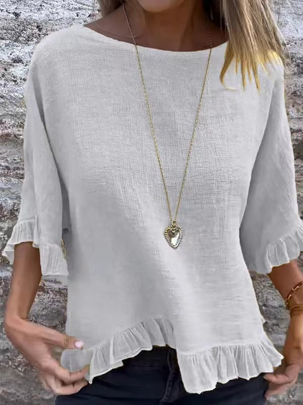 Women’s Blouse – Relaxed Fit Cotton Linen – Ruffle Hem – Short Sleeve – Round Neck