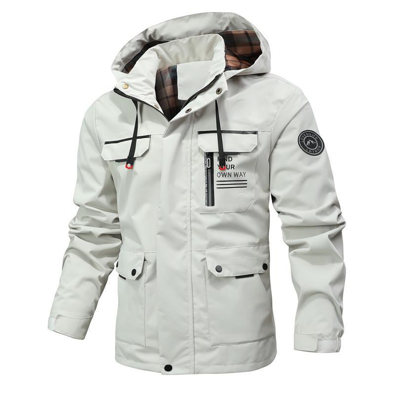 Men’s Windbreaker Jacket – Water-Resistant – Mid-Length – Hooded – Multi-Pocket Outdoor