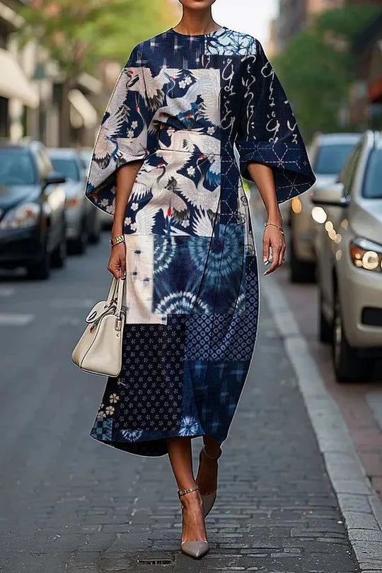 Women’s Midi Dress – Structured A-Line Fit – Kimono Sleeves – Floral Print