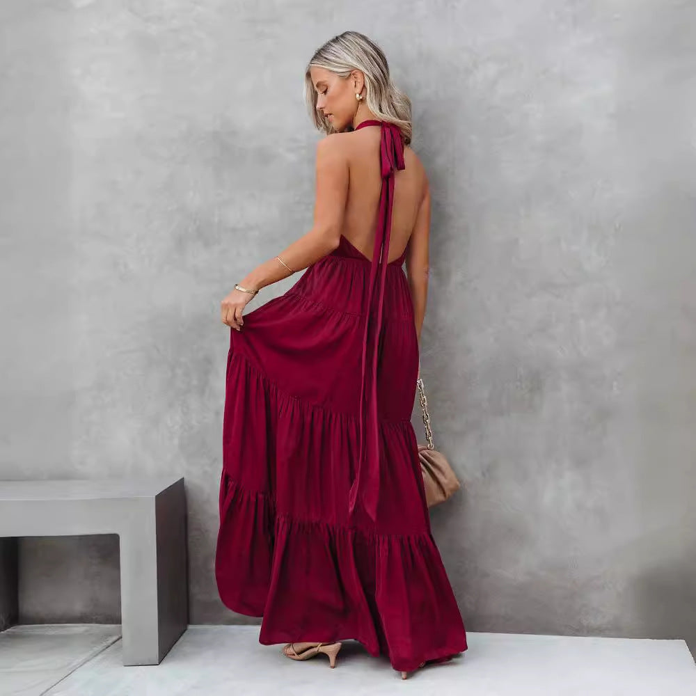 Women’s Halter Dress – Lightweight Fabric – Tiered Skirt – Full Length – Relaxed Fit