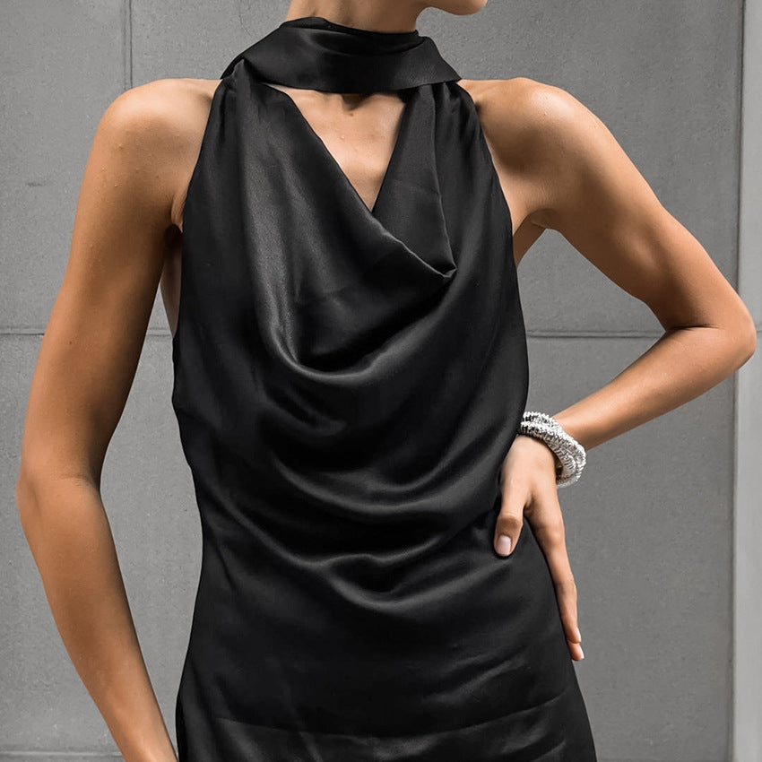 Women’s Evening Dress – Satin – Halter Neck – Draped Neckline – Slim Fit – Full Length