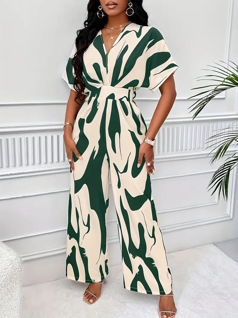 Women’s Jumpsuit – Relaxed Fit – V-Neck – Short Sleeve – Cinched Waist – Wide Leg – Abstract Print