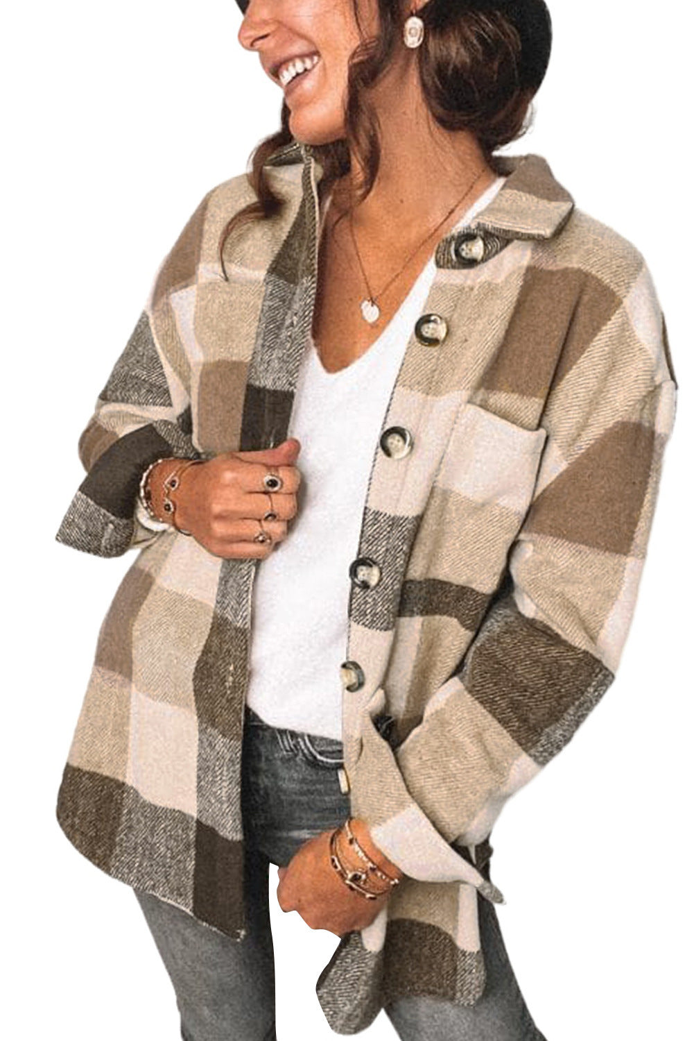 Women's Casual Plaid Button-Up Oversized Jacket