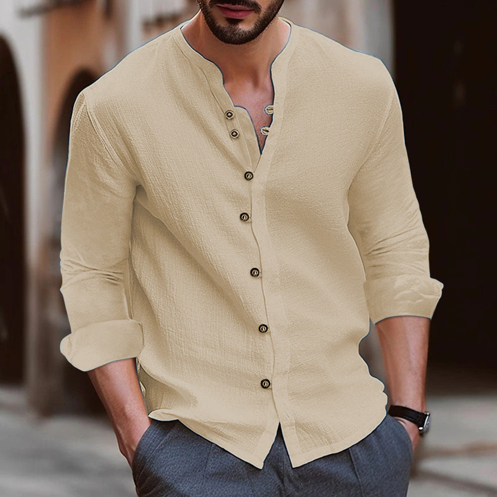 Men’s Long Sleeve Shirt – Relaxed Fit – Band Collar – Breathable Natural Fibers – Button Up