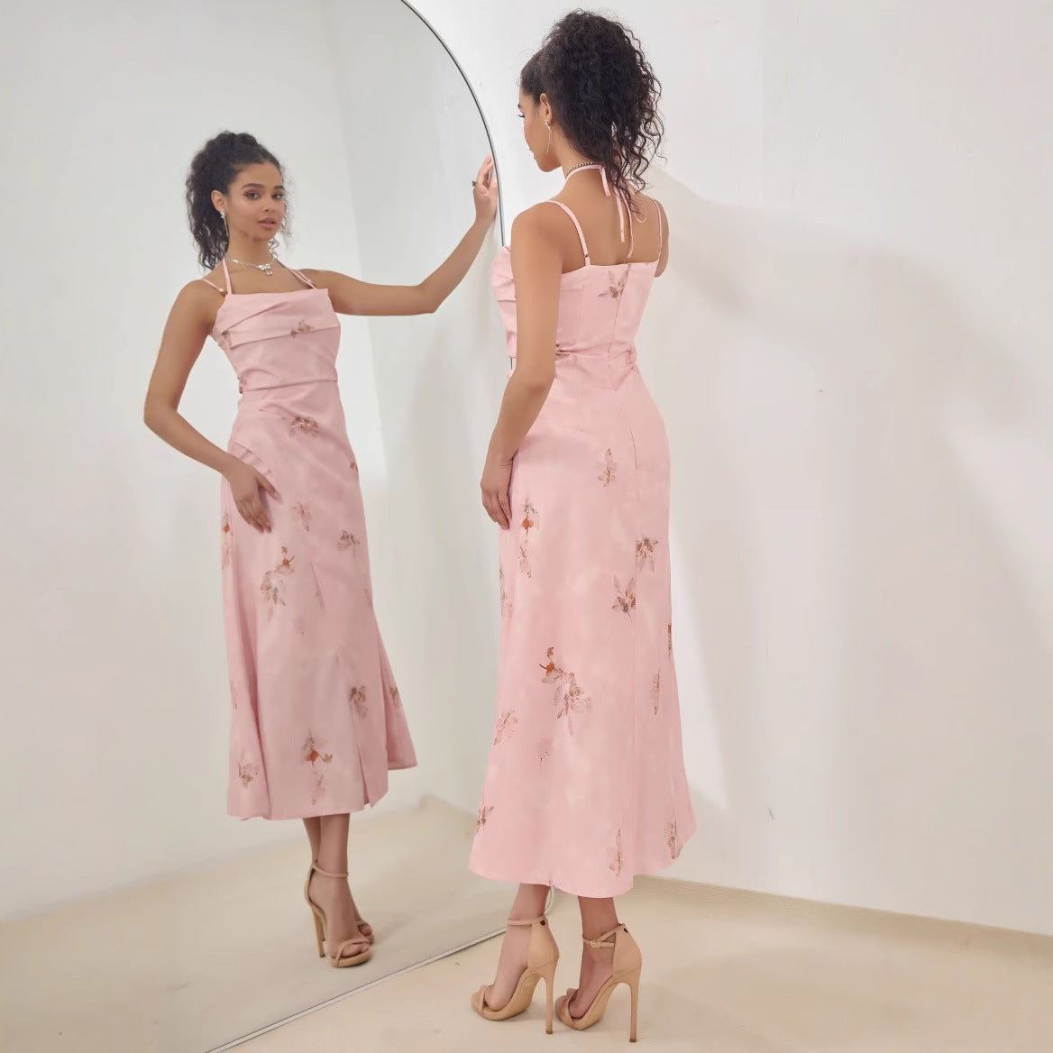 Women’s Midi Dress – Satin Feel – A-Line Fit – Strappy Floral Formal Wear