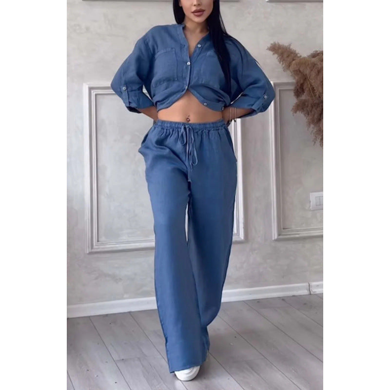 Women’s Shirt and Pants Set – Linen Blend – Relaxed Fit – Wide Leg – Button Down Top
