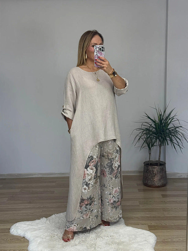Women’s Tunic Top – Relaxed Fit – Cotton Blend – Long Sleeve – High-Low Hem