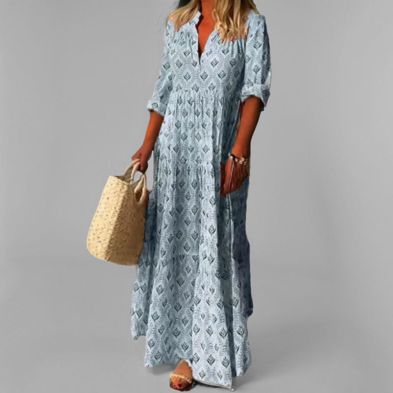 Women’s Maxi Dress – Lightweight Cotton – Loose Fit – V-Neck – 3/4 Sleeve – Vintage Print
