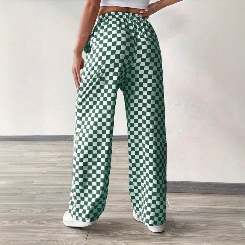 Women’s Wide-Leg Trousers – Relaxed Fit – Cotton Blend – Checkered – Elastic Waist
