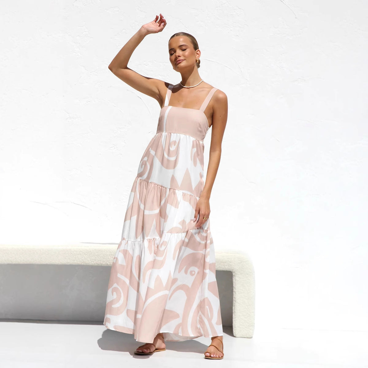 Women’s Maxi Dress – Sleeveless Cotton – Tiered Flowy Fit – Square Neckline