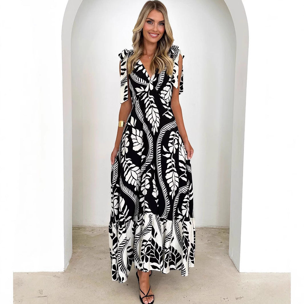 Women’s Maxi Dress – Lightweight Cotton – Tie Shoulder – V-Neck – Printed Tiered Hem