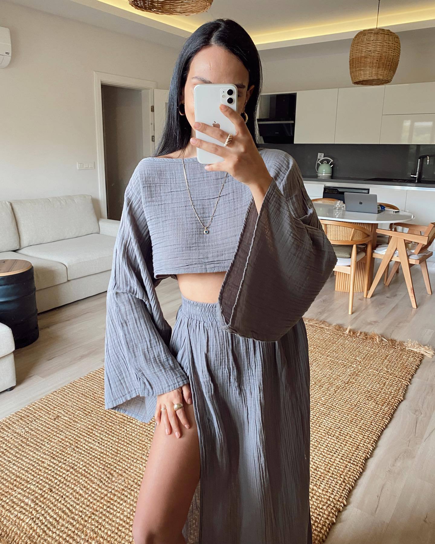 Women’s Two-Piece Set – Boat Neck – Relaxed Fit – 3/4 Wide Sleeves – High Slit Maxi Skirt