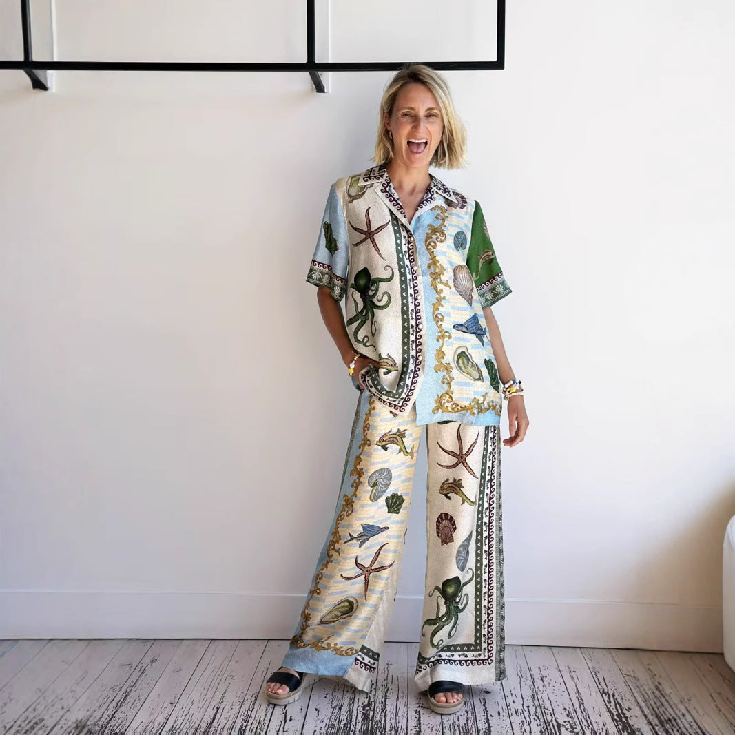 Women’s Shirt and Pants Set – Linen Blend – Relaxed Fit – Wide Leg – Marine Print