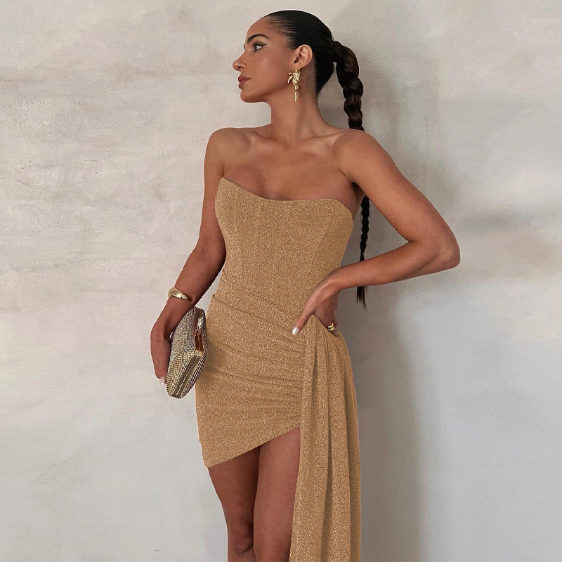 Women’s Mini Dress – Strapless Bodycon Fit – Satin Feel – Draped Asymmetrical Hem