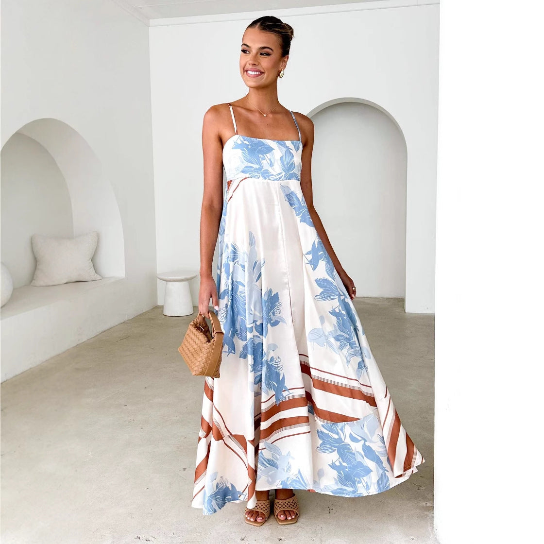 Women’s Maxi Dress – A-Line Fit – Floral Print – Backless – Cotton Spaghetti Straps