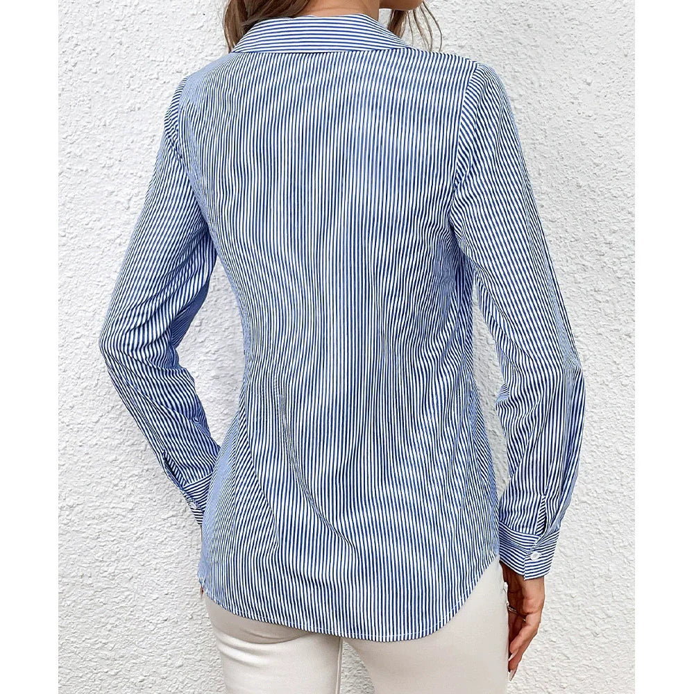 Women’s Wrap Shirt – Slim Fit – Knot Waist – Vertical Stripes – Cotton Feel – Long Sleeve