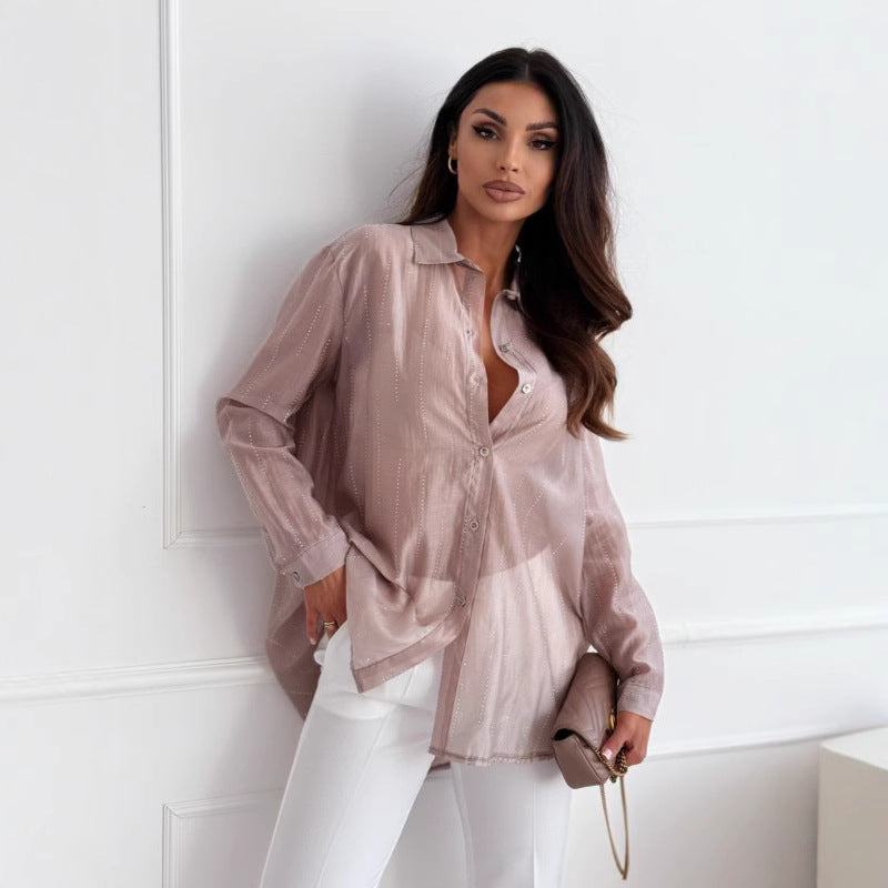 Women’s Long Sleeve Shirt – Oversized Fit – Rhinestone Detail – Button-Down Casual