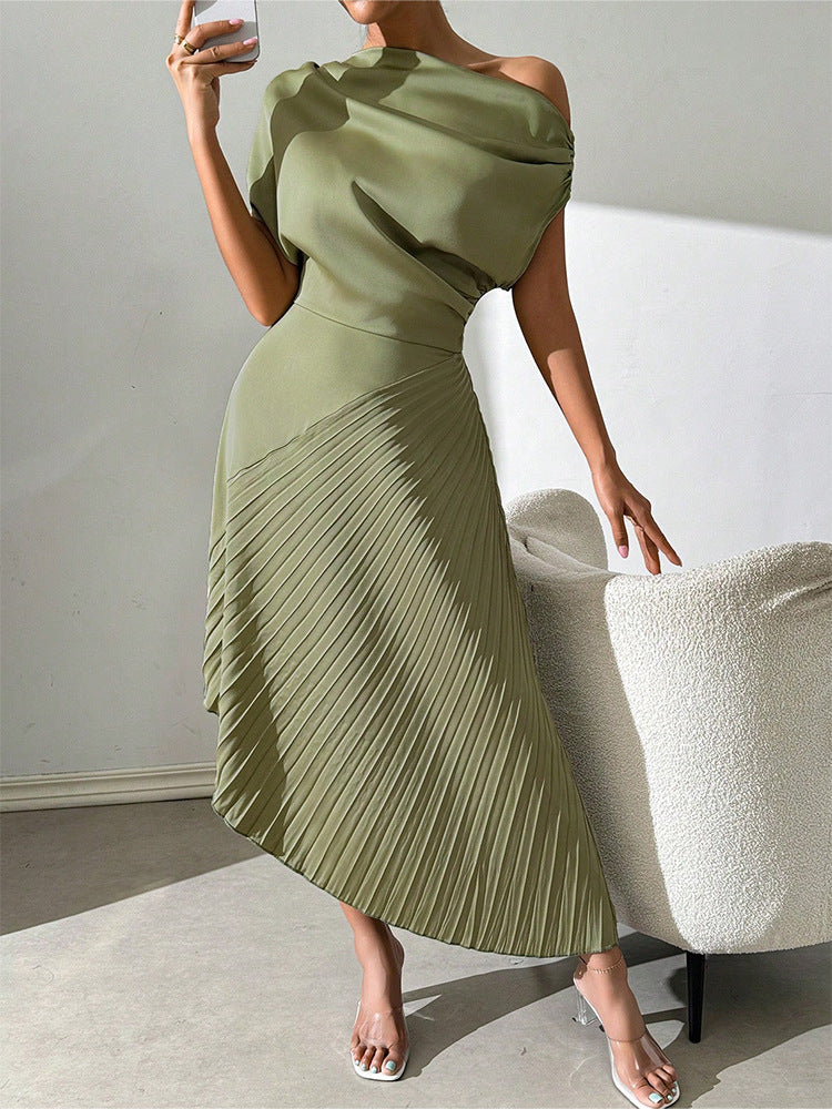 Women’s Midi Dress – One Shoulder – Satin Finish – Pleated Skirt – Fitted Silhouette