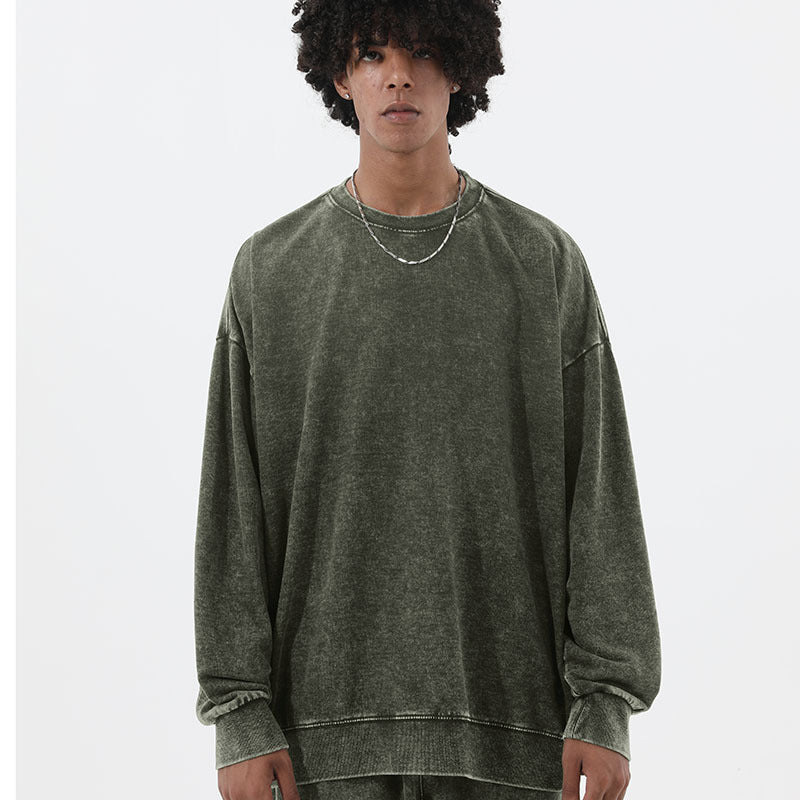 Men's Distressed Sweatshirt - Off-Shoulder Washed Look - Round Neck Casual