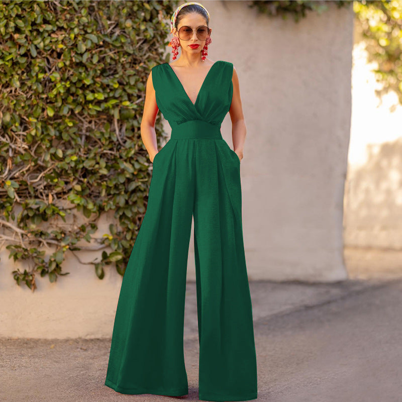 Women’s Jumpsuit – Slim Fit – High Waist – Wide Leg – Sleeveless V-Neck – Full Length