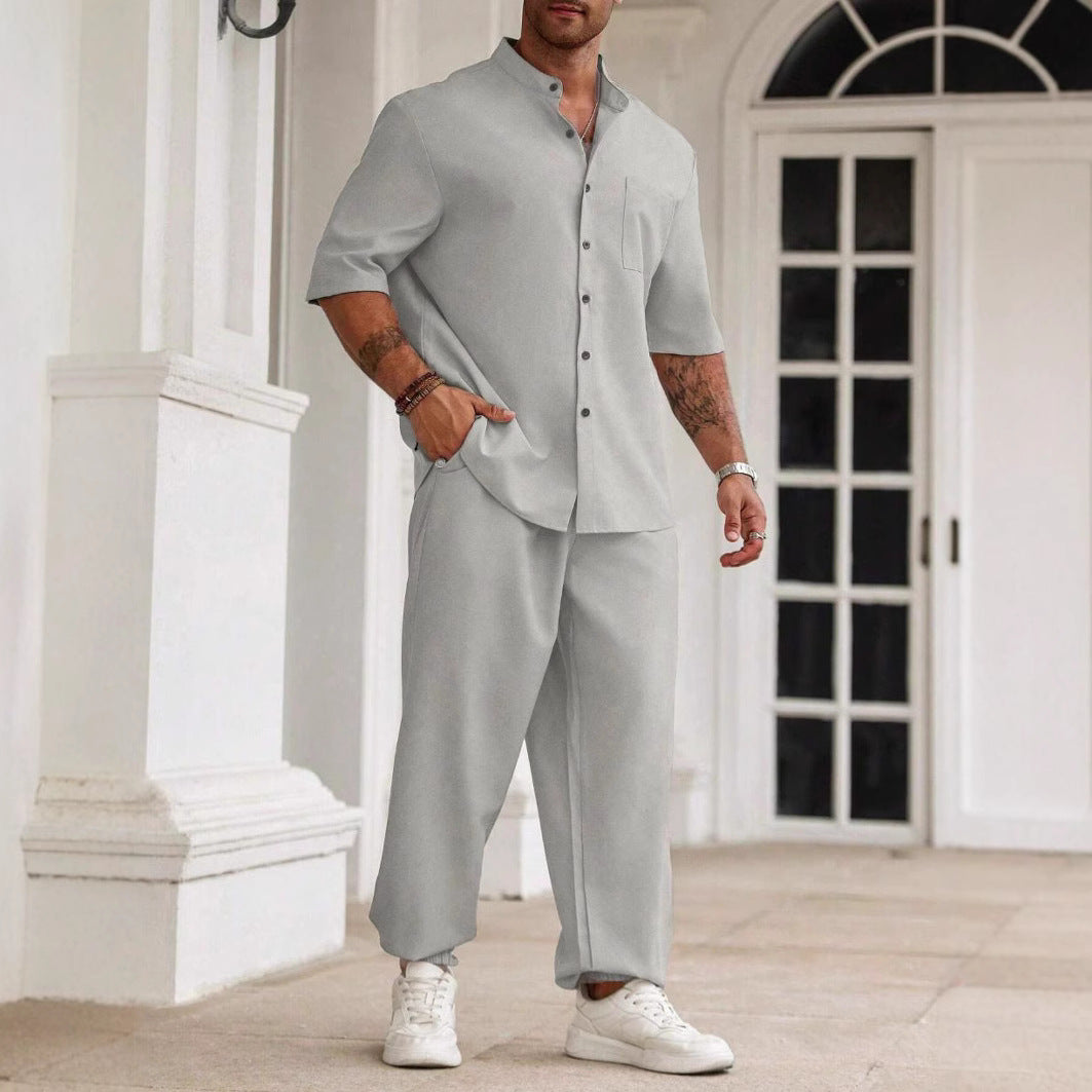 Men's Casual Set – Cotton Linen Blend – Relaxed Fit – Short Sleeve Shirt & Pants