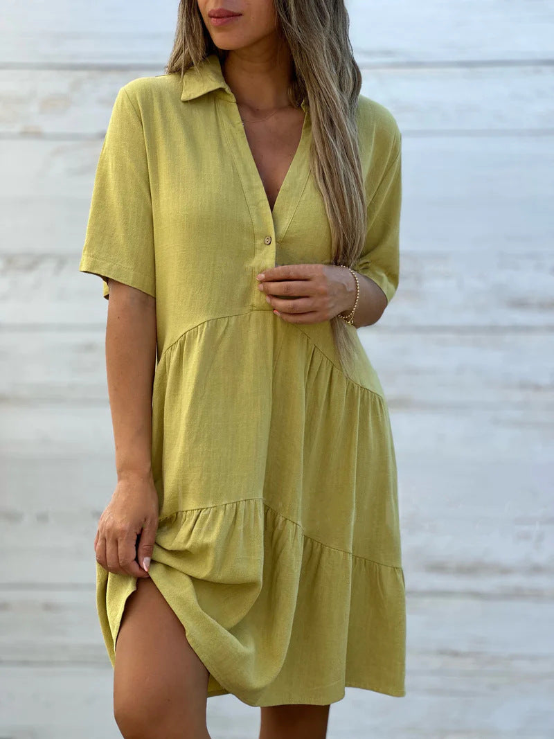 Women’s Casual Dress – Natural Fibers – Relaxed Fit – Tiered – Collared – Short Sleeve