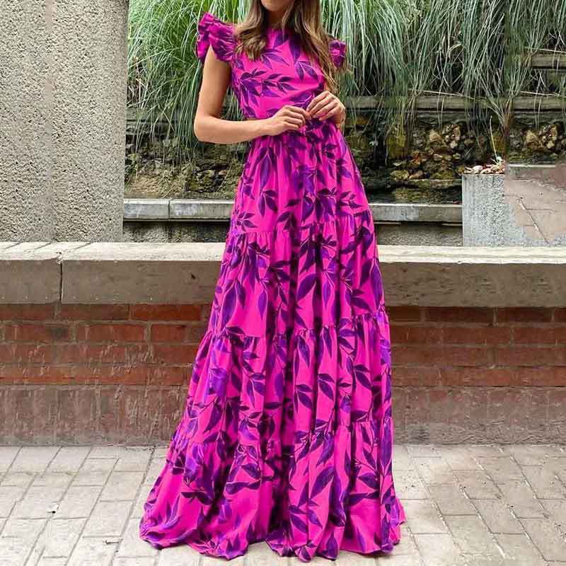 Women’s Maxi Dress – Fit and Flare – Ruffled Sleeves – Tiered Skirt – Bold Print