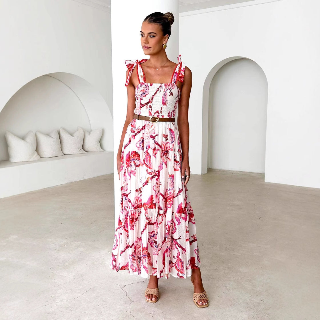 Women’s Maxi Dress – Shirred Bodice – Adjustable Straps – Tiered Skirt – Floral Print